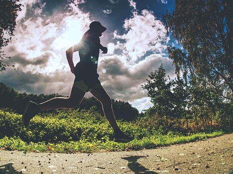 Man running on asphalt track. Athlete running fast in a park with dense trees in the background.