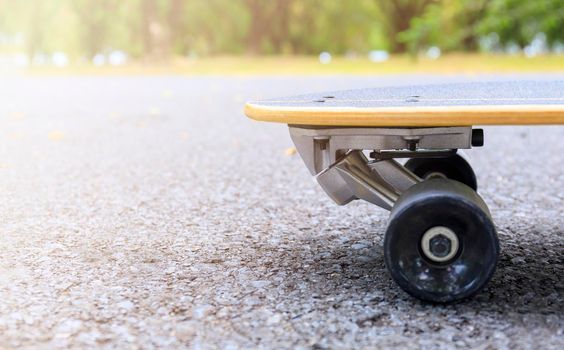 Close up skateboard on morning at park. Head of skateboard and wheel on road at public park. Sport concept.
