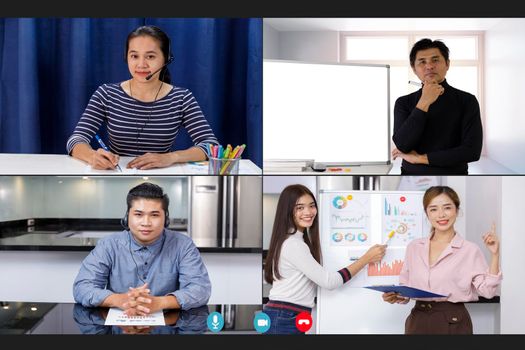 Screen of Businesspeople meeting talk with business colleague via internet shows a graph with the dynamics of economic growth and analysis with team. Covid-19 work from home concept