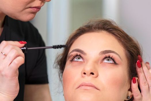 Master stylist makes makeup for eyelashes to a girl in a beauty salon. Russia Moscow August 20, 2020.