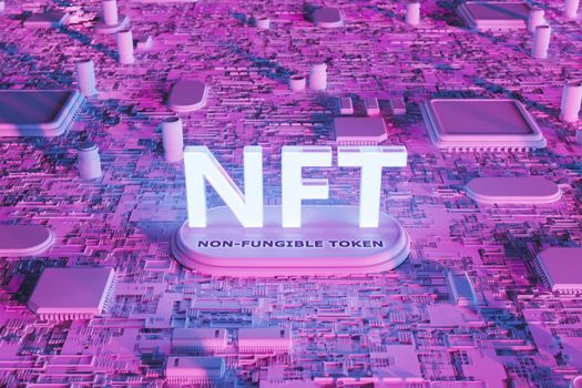 3D illustration of glowing NFT letters installed near Non-Fungible Token inscription on purple circuit board with microchips