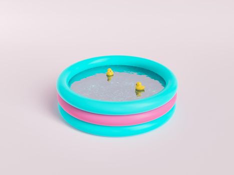 3D illustration of bright round inflatable pool with clean water and yellow rubber ducks placed on gray background on summer weekend day