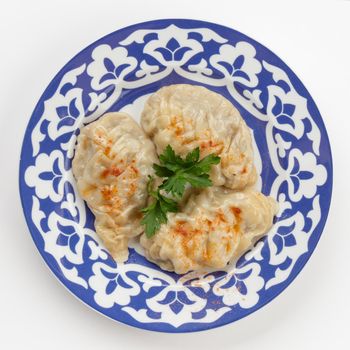 Oriental Uzbek cuisine dish in traditional plate