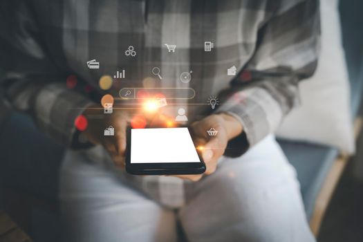 Women using mobile phone. Close up women hand use smart phone connect to internet for application technology digital marketing Financial and banking shopping. Digital link tech, big data.