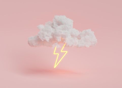 3D illustration of white cloud with neon lightning bolt sign floating symbolizing thunderstorm against pink background