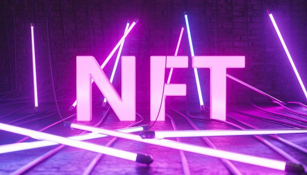 3D illustration of purple NFT inscription surrounded with neon lamps as symbol of unique token in blockchain technology