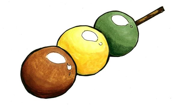 Drawing of Japanese dessert dango on a stick. Three dango balls lie on a white background
