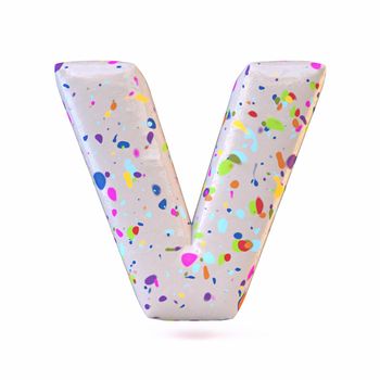 Colorful terrazzo pattern font Letter V 3D render illustration isolated on white background