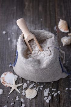 Sea salt crystals with seashells on a dark background