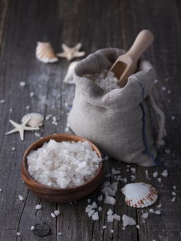 Sea salt crystals with seashells on a dark background