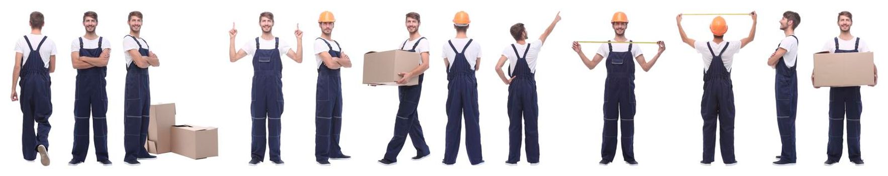 panoramic collage of skilled handyman isolated on white background.