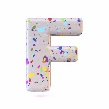 Colorful terrazzo pattern font Letter F 3D render illustration isolated on white background