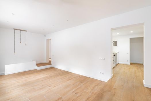 Interior photo of renovated apartment without furniture with white walls.