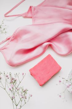 Handmade natural soap and pink silver dress. Soap bars. Spa, skin care. Natural Organic spa cosmetic products.