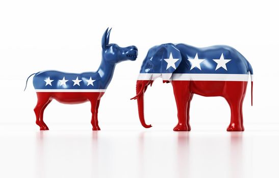 Republican and Democrat party political symbols elephant and donkey. 3D illustration.