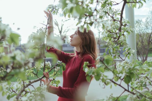 a girl in red admiring the cherry blossoms in the garden. sunny spring day