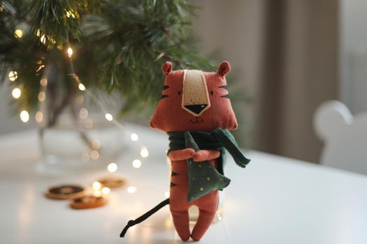 cute soft toy tiger - symbol of 2022, oriental calendar concept. High quality photo