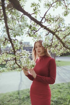 a girl in red admiring the cherry blossoms in the garden. sunny spring day