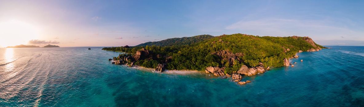 Anse Source d'Argent beach, La Digue Island, Seyshelles, Drone aerial view of La Digue Seychelles bird eye view.of tropical Island