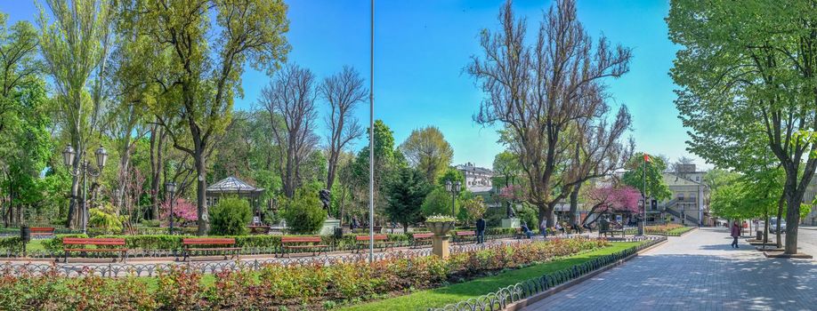 Odessa, Ukraine 06.05.2022.City garden in Odessa during the war in Ukraine on a sunny spring day