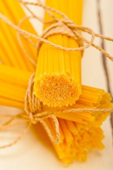 bunch of Italian pasta type on a white rustic table 