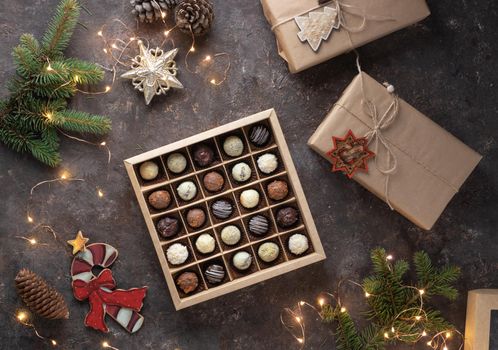 Round candies with chocolate top view