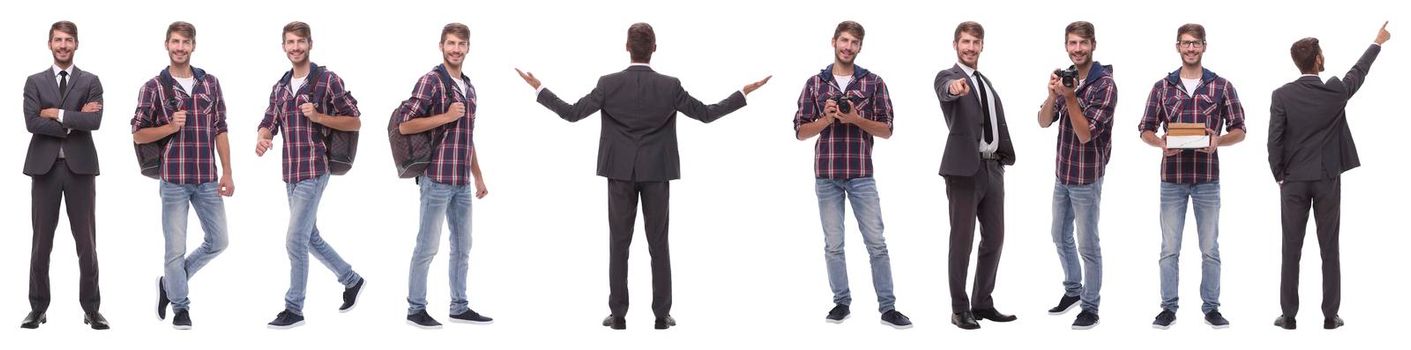 panoramic collage of self-motivated young man .isolated on white background