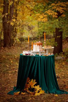 Autumn sweet dessert decorated on a table in the park