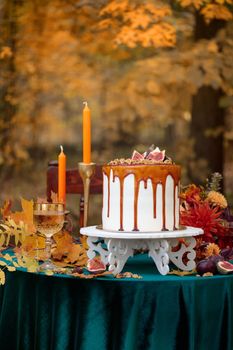 Autumn sweet dessert decorated on a table in the park