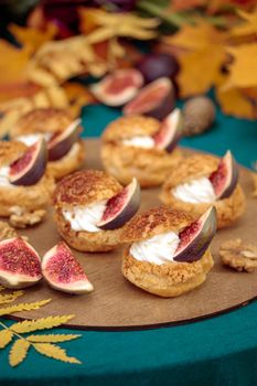 Autumn sweet dessert decorated on a table in the park