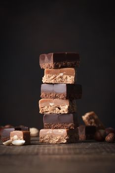 Chocolate and caramel toffee on a dark background