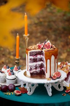Autumn sweet dessert decorated on a table in the park