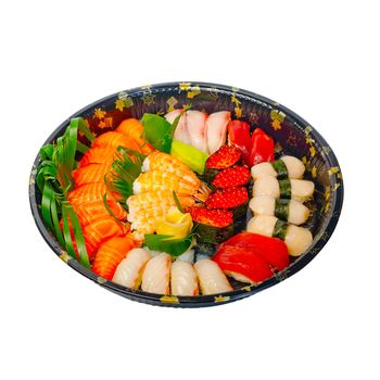 take away selection of fresh sushi express on plastic tray 