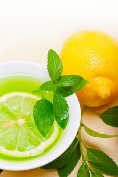 fresh and healthy mint infusion tea tisane with lemon