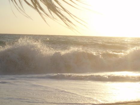 Storm at sea, storm warning on the coast. Big sea waves during a storm.