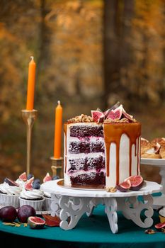 Autumn sweet dessert decorated on a table in the park