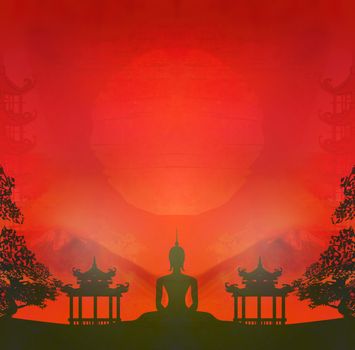 Buddha and Asian landscape - abstract artistic card