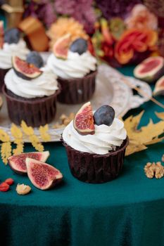 Autumn sweet dessert decorated on a table in the park