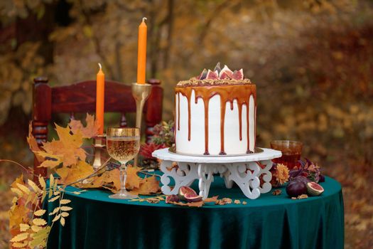 Autumn sweet dessert decorated on a table in the park