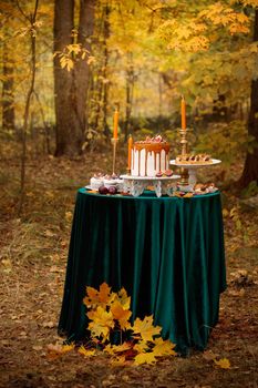 Autumn sweet dessert decorated on a table in the park