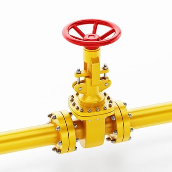 Yellow oil pipe with valve isolated on white background. 3D illustration.