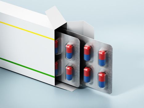 Open pill box with capsules isolated on green background. 3D illustration.