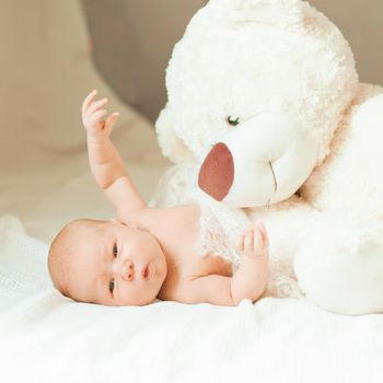 pretty newborn baby girl with a big soft toy lying on the blanket. photo with copy space