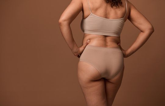 Rear view of an unrecognizable woman in beige underwear with skin problems and overweight. Dermatology, body positivity, love acceptance concept. Copy space for ads