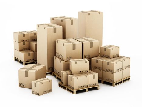 Stack of cardboard boxes isolated on white background. 3D illustration.