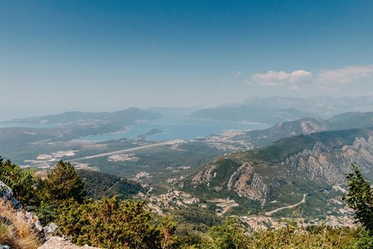 Beautiful nature mountains landscape. Kotor bay, Montenegro. Views of the Boka Bay, with the cities of Kotor and Tivat with the top of the mountain, Montenegro.