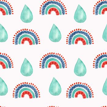 Seamless watercolor pattern of multicolored rainbows and raindrops. For decorating children's works, interior, fabrics, illustrations.