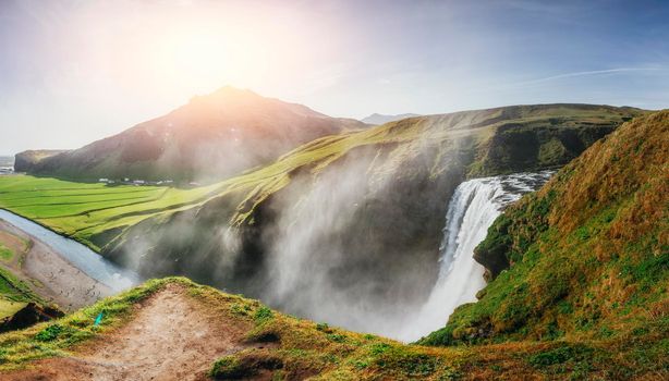 Great waterfall Skogafoss in south of Iceland near the town of Skogar