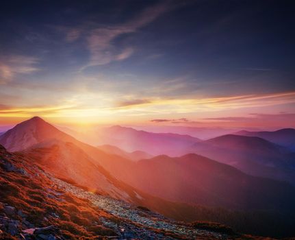 Beautiful sunset in the Carpathian Mountains Ukraine