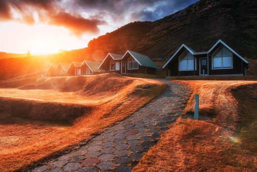Buildings Age city at sunset in Iceland.